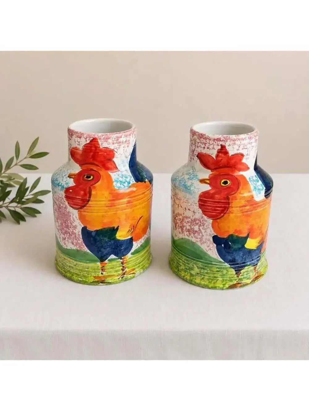 Vintage Bellini Piu Italy Rooster Ceramic Vases Pair Hand Painted 9.5”
